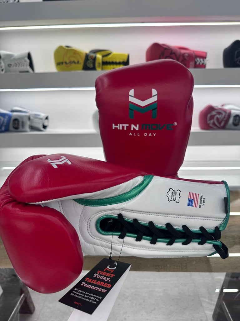 HIT N MOVE BALANCE GLOVES  16oz LACE UP RED / WHITE / GREEN
