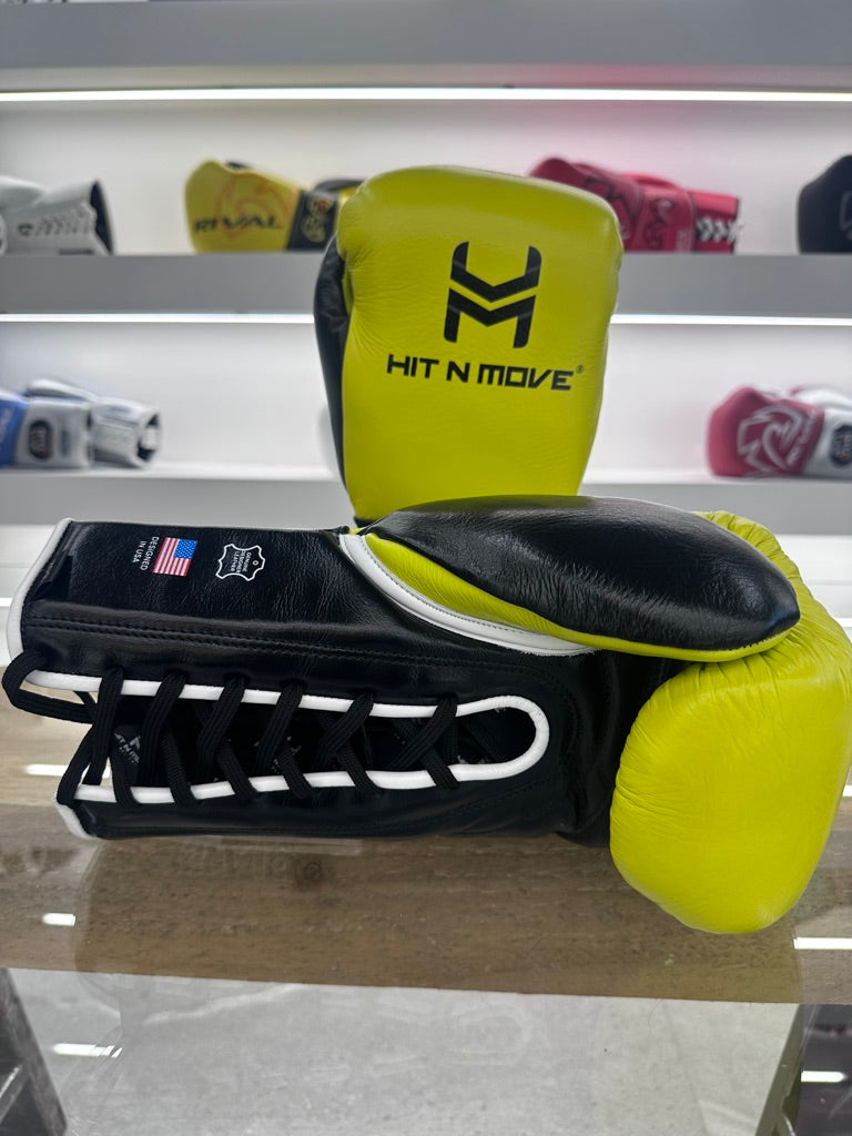 HIT N MOVE HORSE HAIR SUVARI GLOVES  16oz LACE UP  YELLOW / BLACK