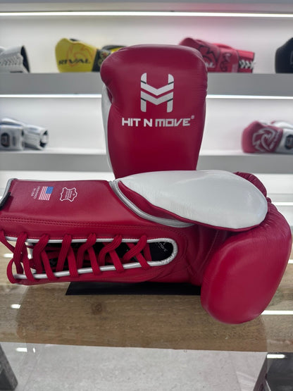 HIT N MOVE HORSE HAIR SUVARI GLOVES  16oz LACE UP  RED / WHITE