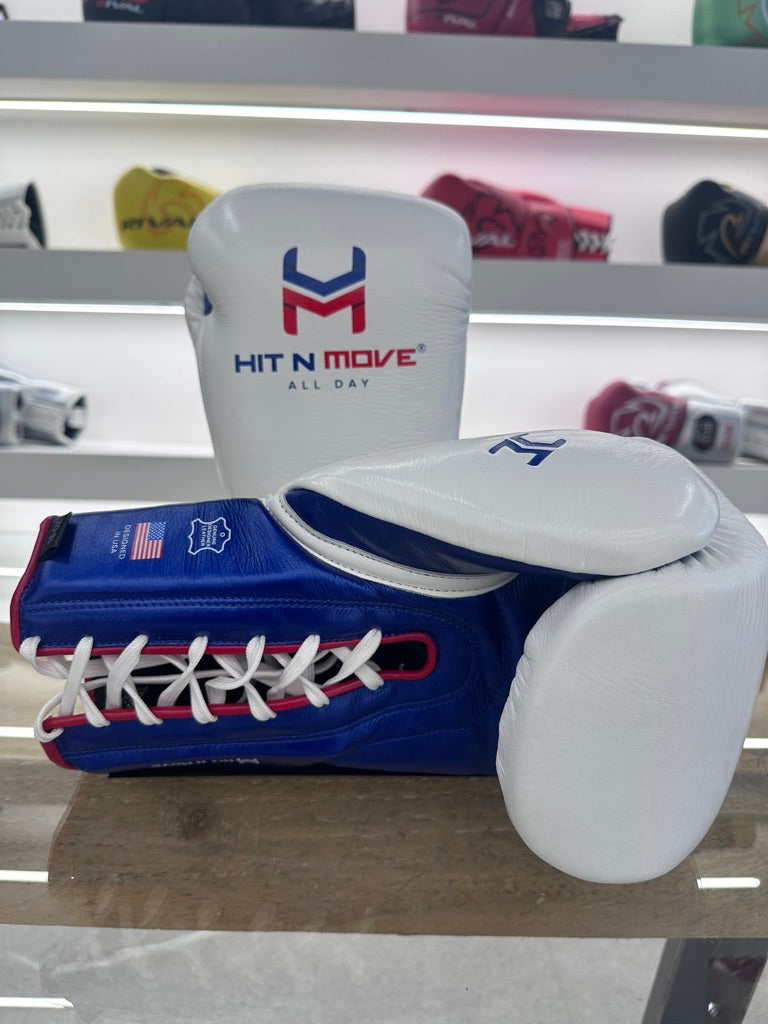 HIT N MOVE BALANCE GLOVES  16oz LACE UP WHITE/BLUE/RED